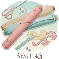 Postcard with sewing tools. Sewing, hobby, needlework. Illustration with fabric roll, pattern and scissors vector