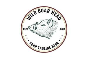 Vintage Hand Draw Wild Boar Hog Pig Head Badge Emblem Logo vector