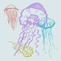 Medusa. mano dibujado tinta dibujo de el submarino mundo con medusa. proteccion mar y océanos, mar criaturas.set para tarjeta postal, imprimir, plantilla, poligrafía. diseño elemento. vector Arte ilustración.