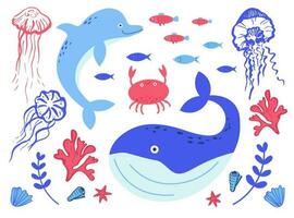 Underwater life.Dolphin, fish, crab, whale, jellyfish, coral. Hand drawn marine mammals in the oceans.Oceans day, Day to protect and save sea creatures. Hand drawn. Vector flat cartoon illustration