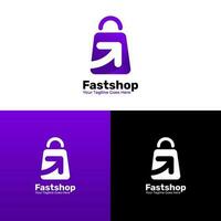 púrpura compras carro logo vector diseño con flecha simbolizando velocidad