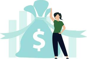 A girl is standing next to a bag of money. vector