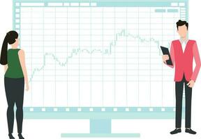Boy and girl working on stock market graph. vector