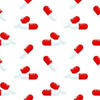 Seamless pattern of red pills on a white background. Pharmaceutical background, medical concept. Vector