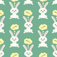 Seamless pattern, cute Easter bunnies with carrots on a green background. Children's print, background, textile, vector