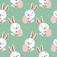 Seamless pattern, cute Easter bunnies with eggs on a polka dot background. Children's print, background, textile, vector