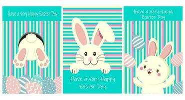 Cute Easter Bunny with eggs on a striped background. Greeting card set, holiday poster, cartoon childish style, vector. vector