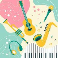 Musical instruments on a colored background in boho style. Pastel colors. Background, poster, print, vector