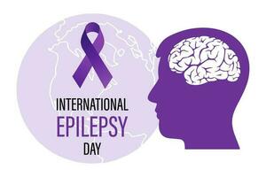 World Epilepsy Day. Human silhouettes, brain and purple ribbon. Medical healthcare concept. Poster, banner, vector