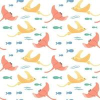 Seamless pattern with stingrays and fish on a white background. Background with cartoon sea animals. Baby print, vector