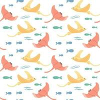 Seamless pattern with stingrays and fish on a white background. Background with cartoon sea animals. Baby print, vector