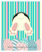 Cute funny easter bunny backwards on a bright striped background. Greeting card, cartoon childish style, vector