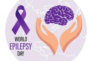 World Epilepsy Day. The human brain in the hands and a purple ribbon on the map of the world. Medical concept. Awareness poster, banner, vector