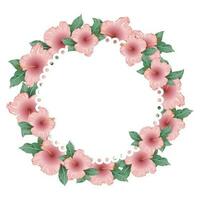 Floral frame of pink hibiscus flowers, floral wreath for text. Illustration, vector