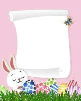Pascua de Resurrección tarjeta con un conejo, Pascua de Resurrección huevos y un sábana de blanco papel para texto en un rosado antecedentes. Pascua de Resurrección tarjeta, fondo, vector