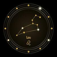 Leo, constellation of the zodiac sign in the cosmic magic circle. Golden design on a dark background. Vector