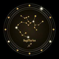 Sagittarius, constellation of the zodiac sign in the cosmic magic circle. Golden design on a dark background. Vector