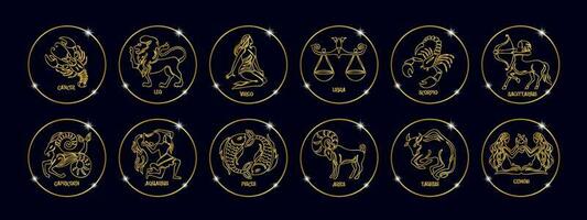 Zodiac signs, astrological horoscope signs. Contour golden drawings on a black background. Icons, vector