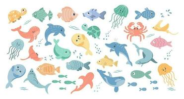 colección de vistoso peces y mar animales íconos en dibujos animados estilo para niños, vector