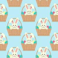 Seamless pattern, cute Easter bunnies in baskets with eggs. Children's print, background, textile, vector
