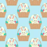 Seamless pattern, cute Easter bunnies in baskets with eggs. Children's print, background, textile, vector