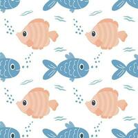 Seamless pattern with cute cartoon kawaii fish on a white background. Children's print, textile, vector