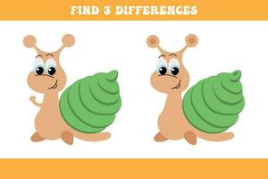 Find 3 differences between two cartoon snails. Children's logic game, educational puzzle, vector