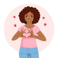 A young woman in love in glasses with a joyful expression on her face shows a heart with her hands. Emotions and gestures. Flat style illustration, vector