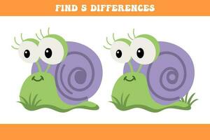 Find 5 differences between two cartoon snails. Children's logic game, educational puzzle, vector