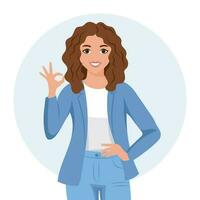 Young woman in glasses with a joyful expression and an ok gesture. Emotions and gestures. Flat style illustration, vector