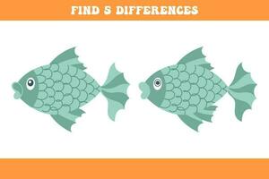 Find 5 differences between two cartoon fish. Children's logic game, educational puzzle, vector