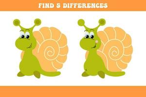 Find 5 differences between two cartoon snails. Children's logic game, educational puzzle, vector