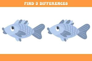 Find 5 differences between two cartoon fish. Children's logic game, educational puzzle, vector