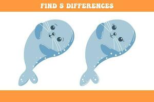 Find 5 differences between two cartoon fur seals. Children's logic game, educational puzzle, vector