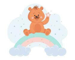 Cute cartoon teddy bear with a star on a rainbow with clouds. Baby illustration, greeting card, vector