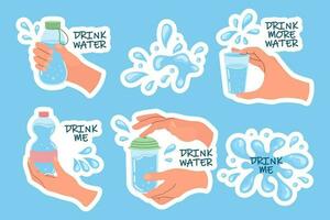 Set of hands holding different containers of water. Glasses and bottles of water in hands. Drink more water concept. Clip art, stickers, vector