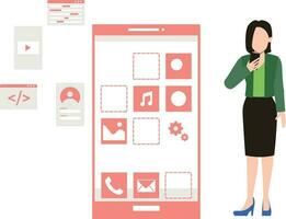 A girl is creating a mobile application. vector