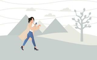 The girl is walking in windy weather. vector