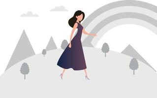 The girl is walking in the rainbow season. vector