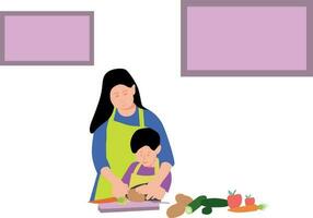 Mother and son are cutting vegetables. vector