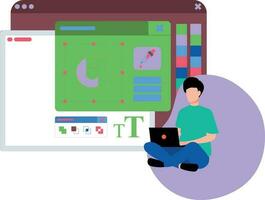 Boy designing on laptop. vector