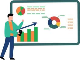 A boy observes the increase in the graph. vector