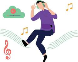 Boy listening to music in headphones. vector