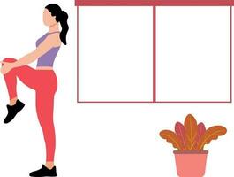 Girl doing exercise standing on one leg. vector