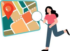 A girl is looking for a place on a map. vector