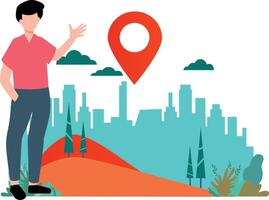 Boy looking at location pin. vector