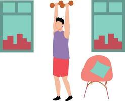 Boy exercising with dumbbells. vector