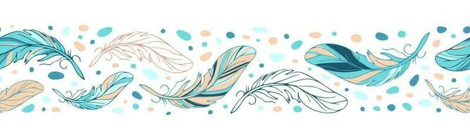 Feathers seamless bright ethnic border in boho style. Color spots in pastel colors. Tribal theme, Indians, dream catchers, boho chic. For wallpaper, fabric, wrapping, background vector