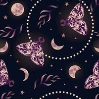 Elegant seamless pattern in boho style with herbs and butterflies. Magic background with purple space elements, star, moon. Halloween, witchcraft, astrology, mysticism. For wallpaper, fabric, wrapping vector