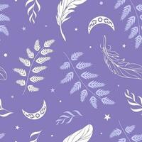 Magic monochrome purple pattern. Moon, ferns, summer grasses, feathers, night sky, stars. Vector illustration. Halloween, witchcraft, astrology, mysticism. For wallpaper, fabric, wrapping, background.